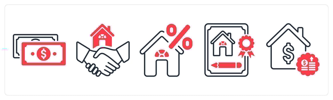A set of 5 mix icons as payment, purchase house, interest in red color vector