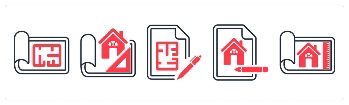 A set of 5 mix icons as red print, design house, floor plan red print in red color vector