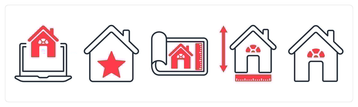 A set of 5 mix icons as online house search, property rating, home dimensions in red color vector