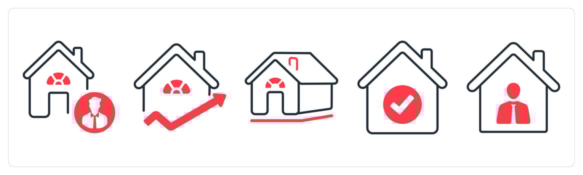 A set of 5 mix icons as realtor, house value, rural house in red color vector