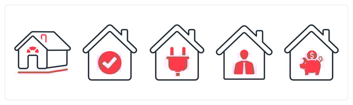 A set of 5 mix icons as rural house, true house, domestic electricity in red color vector