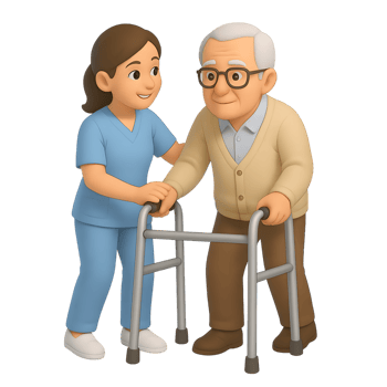 Elderly man with walker being assisted by nurse in medical uniform png