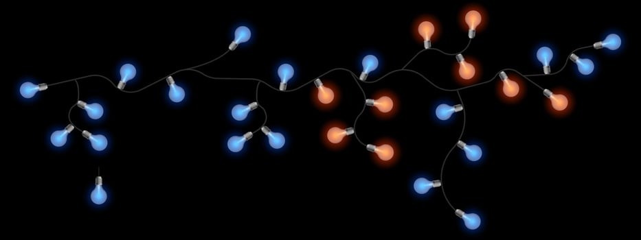 A string of blue and orange christmas lights on a black background vector