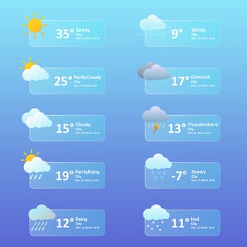 Weather condition icon set. Grid of square cards with temperature values and illustrated symbols for sunny, cloudy, windy, rainy, stormy, snowy, and mixed conditions on blue background. vector