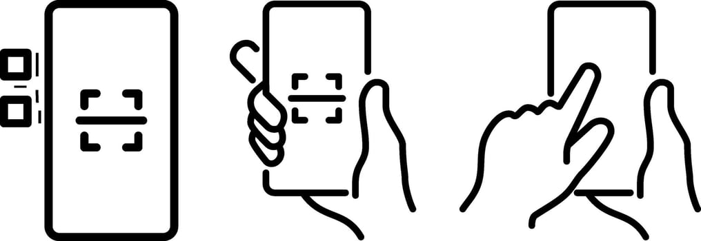 QR Code Scanning Icon Set Hand Holding Phone Barcode Scanner Line Style Illustration for Pay Web Mobile App vector