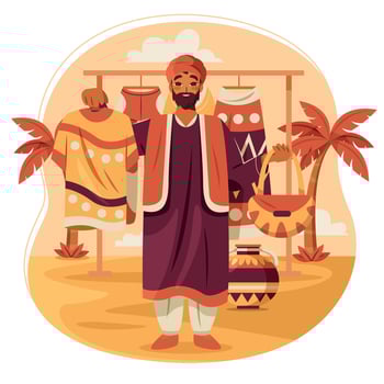 Traditional clothing seller in market scene vector