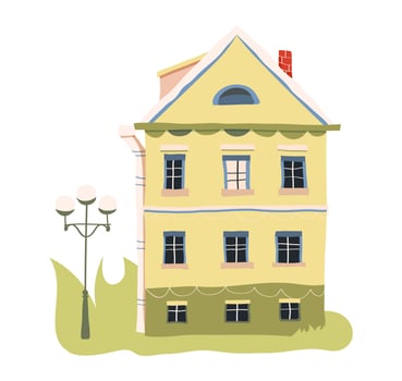 Children illustration of a house with a lamp on a green meadow vector