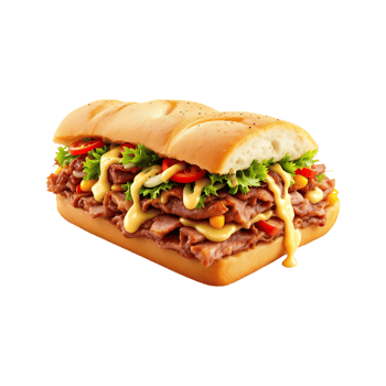Juicy roast beef, melted cheese, fresh veggies, and creamy sauce in a toasted roll. png