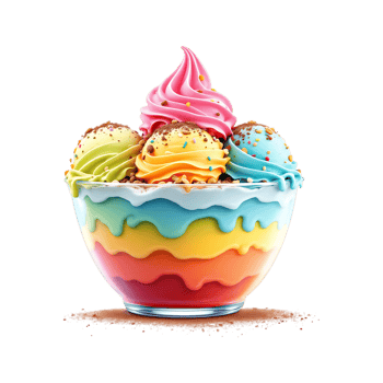 Delicious rainbow ice cream sundae in a glass bowl. png
