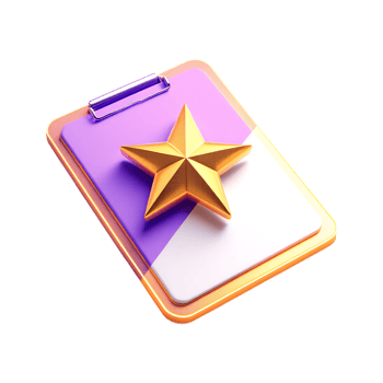 3D render of a gold star on a purple and white clipboard. Success, achievement, rating concept. png