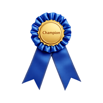 Award winning blue ribbon with gold champion text. Success, achievement, victory concept. png