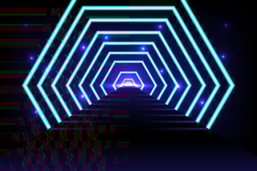 Neon hexagonal tunnel with blue lights vector