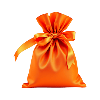 Shiny orange satin gift bag with ribbon. Perfect for holidays or special occasions. png