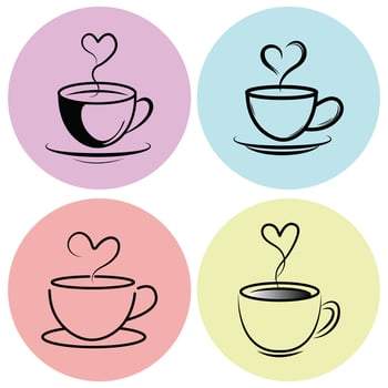 Cute Coffee Cup Icons with Heart Shaped Steam on Pastel Backgrounds vector