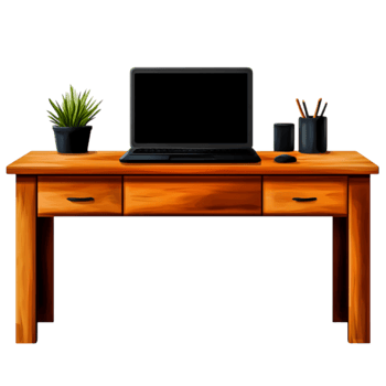 Modern Workspace With Wooden Desk, Laptop, Potted Plant, And Office Supplies png