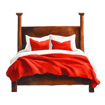 Cozy Bedroom Setup with Red Bedding and Wooden Bed Frame for Relaxatind Comfort png