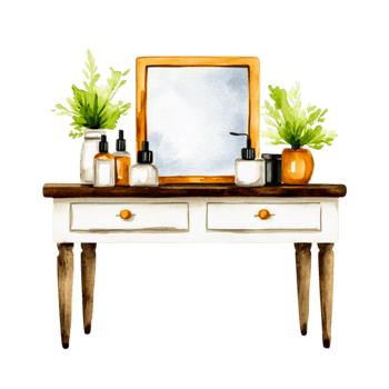 Elegant Vanity Table with Beautiful Green Plants and Decorative Bottles png