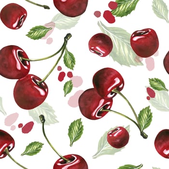 Cherry pattern with green leaves vector