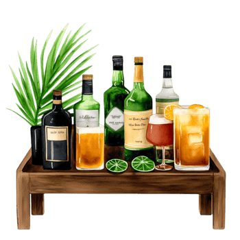 Colorful assortment of drinks and spirits wooden table with tropical elements png