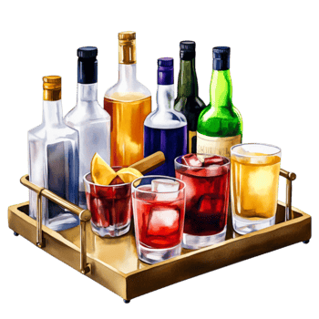 Colorful Assortment of Alcoholic Beverages Golden Tray with Cocktails png