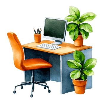 Cozy Home Office Space with Modern Desk, Computer, and Green Indoor Plants png