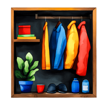 Colorful Hanging Clothes with Green Plant and Accessories on Dark Background png