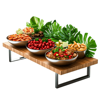 Colorful Gourmet Food Display Wooden Table Surrounded by Tropical Greens png