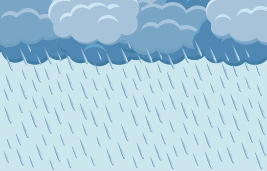 Heavy rain cartoon illustration. Dark stormy clouds and waterdrops on blue background. Rainy weather vector