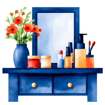 Elegant Makeup Station with Fresh Flowers and Vibrant Beauty Products on Wooden Table png