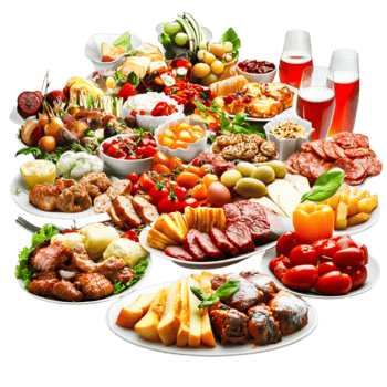 Diverse Platter of Fresh Food Including Meats, Seafood, Fruits, and Vegetables png