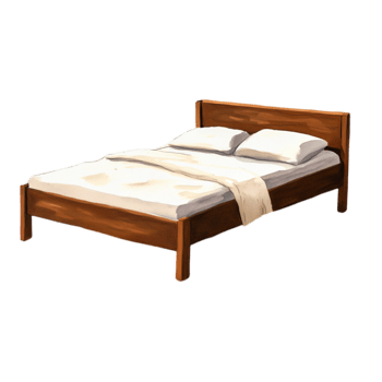 Wooden bed with white sheets and pillows in minimalist style interior setting png