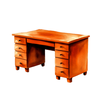 Elegant wooden desk with multiple drawers and a warm finish for office decor png
