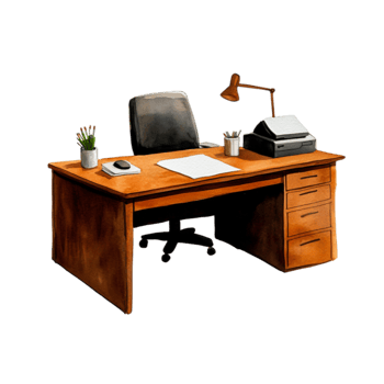 Cozy Office Setup with Desk, Chair, Printer, and Stationery for Work Environment png