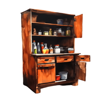 Wooden cabinet filled with various jars and containers in a rustic kitchen setting png