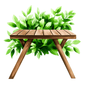 Wooden Table Surrounded by Lush Green Leaves and Plants for Outdoor Decor png