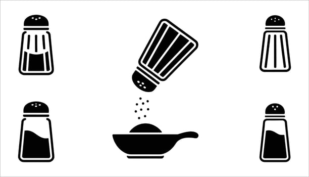 Flat of Salt Shaker Icon Set with Pouring Seasoning into Spoon in Minimalist Black Style vector
