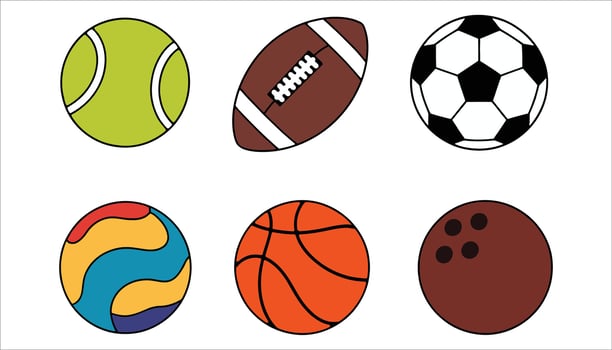 Minimalist Sports Ball Icons Collection Basketball, Soccer, Tennis, Volleyball, Bowling, and American Football Set vector