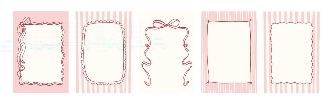 Whimsical wedding frames with bows, ribbons line art set. Whimsy hand drawn vintage coquette minimalist pink borders vector