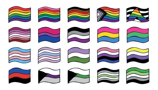 Set of colorful LGBTQIA pride flags Gender equality and sexual identity pride flags collection LGBTQIA community pride month thirty two vector