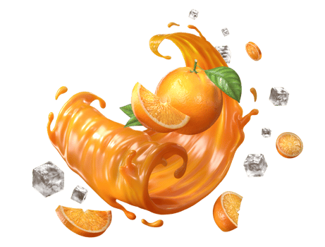 Orange Juice Splash with Slices, Ice Cubes and Leaves, 3D Illustration Isolated png