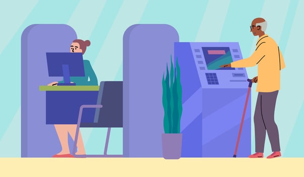 Customer using ATM with bank staff assistance vector