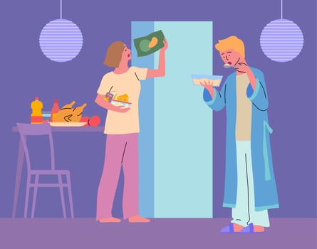 Couple in kitchen eating late-night snacks vector