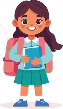 Flat illustration of a happy little girl student with a backpack and a book, back-to-school concept, elementary pupil ready for studies vector