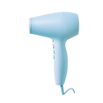 A light blue compact hair dryer with a cord isolated on transparent background png
