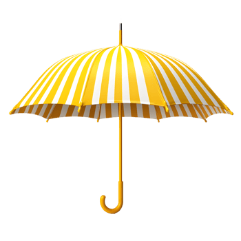 Bright yellow and white striped umbrella open and ready for use isolated on transparent background png