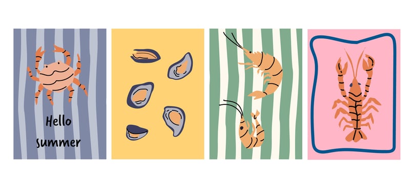 Colorful nautical art featuring crab, mussels, shrimp, and lobster designs vector
