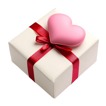 A white gift box with a red ribbon and a pink heart shaped decoration isolated on transparent background png