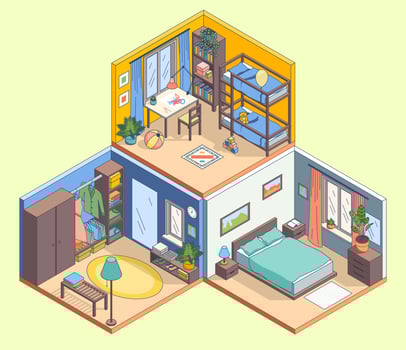 isometric illustration of kids' rooms vector