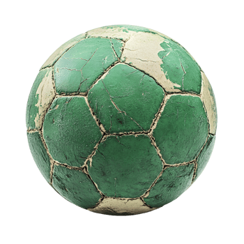 A worn green and white soccer ball with visible seams isolated on transparent background png