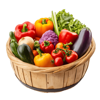A rustic woven basket overflowing with a vibrant assortment of fresh produce isolated on transparent background png